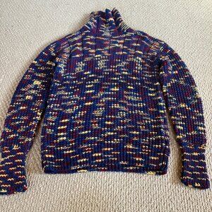 Hand Knit Multi Color Turtle Neck Sweater Long Sleeve XLarge Stretchy Heavy